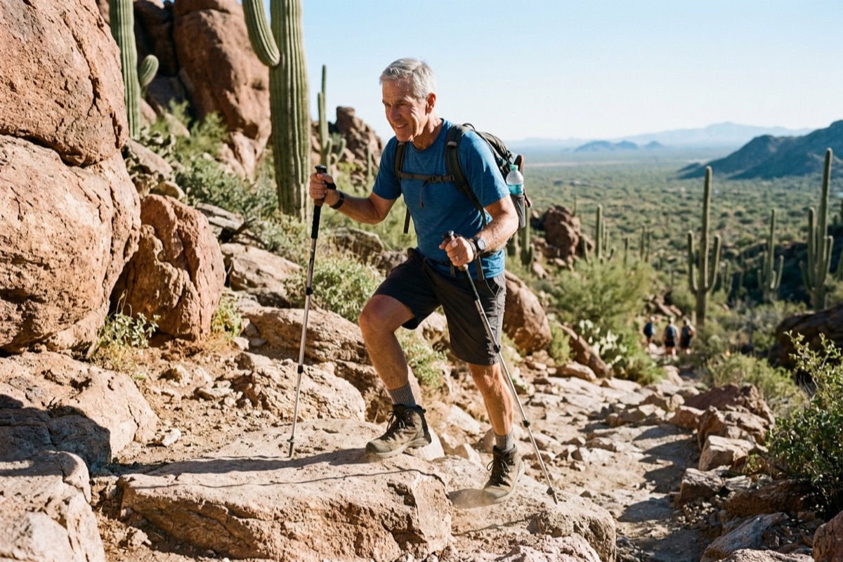 A man in his 60s hiking up a rocky desert trail